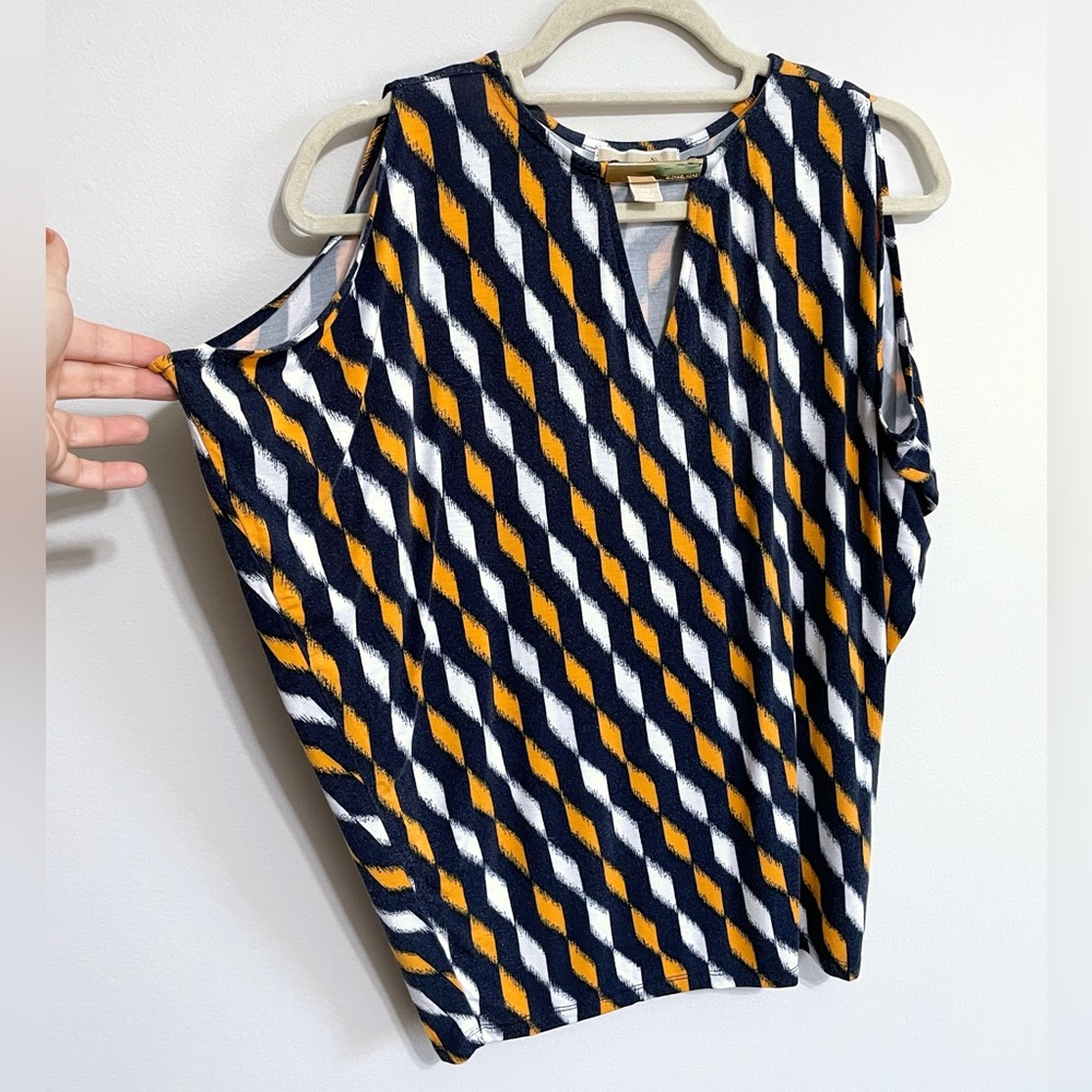 Michael Kors Sleeveless Blouse with Golden Metallic Bar and Keyhole at Neckline